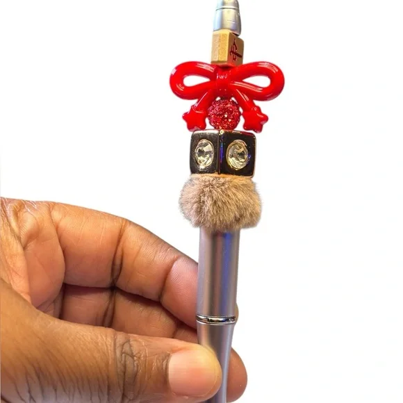Red Bow Silver Handmade Pen with Fur Accent - Picture 2 of 3